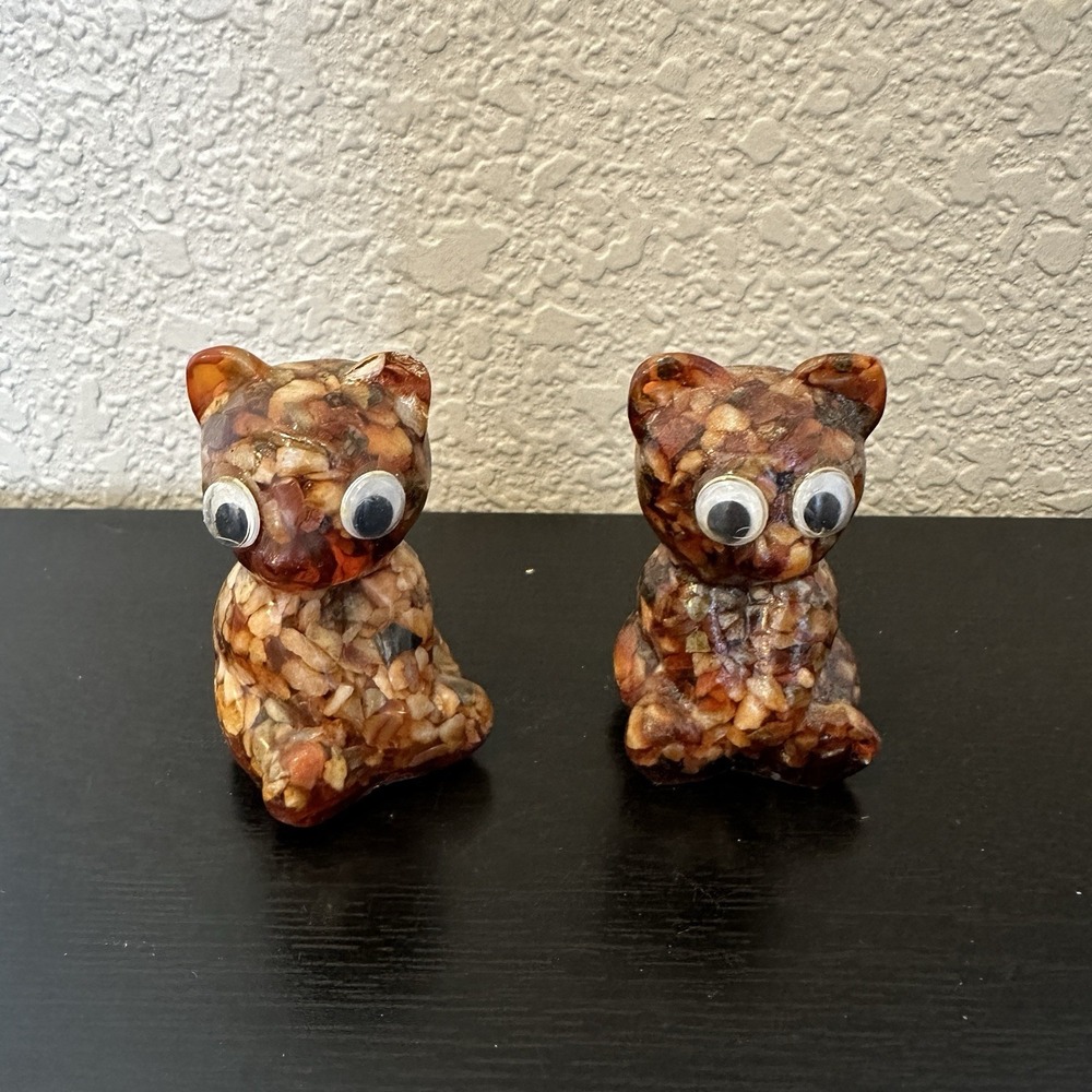 2 Vtg 1970's "Vomit Rock" Petrified Wood Pebble Resin Teddy Bear Brown  Googly